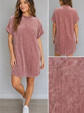 Cotton Emporium Crushed Velvet Shift Dress XL Dusty Pink Mock Neck